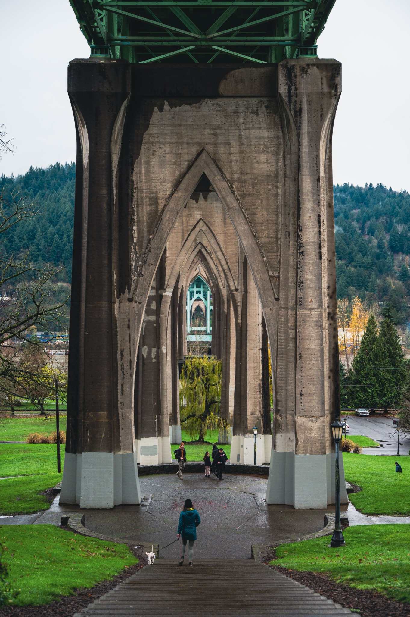 Deck and staircase at Cathedral Park under the gothic arches of the St. Johns Bridge, Portland Oregon