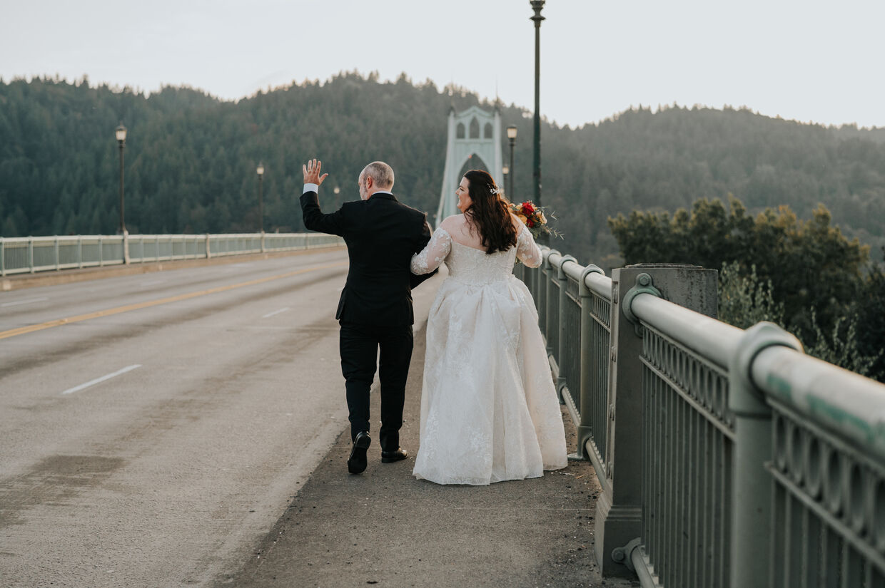 Newlyweds at a wedding near the St. Johns Bridge, Portland Oregon