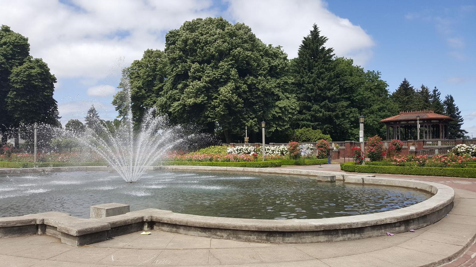 Rose garden, fountain, and gazebo at Peninsula Park, one of Portland's most popular park wedding locations