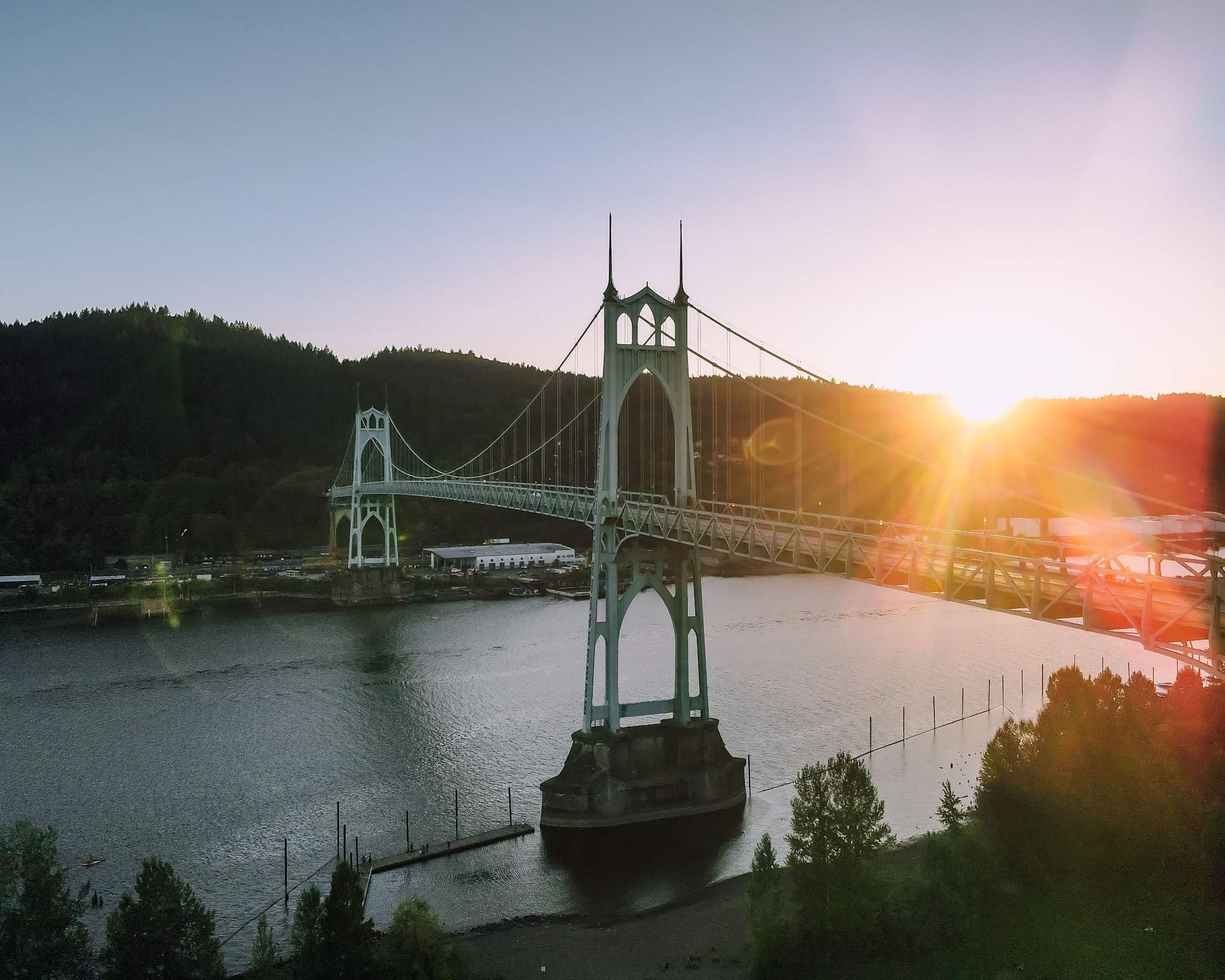 St. Johns Bridge at golden hour, Cathedral Park, Portland Oregon