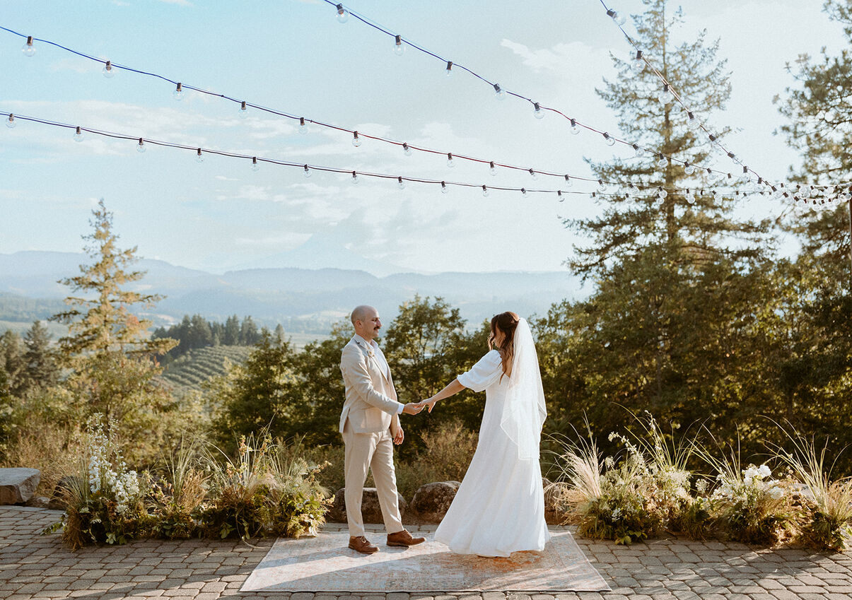 Bride and groom share a dance at Crag Rat Hut, Hood River, Oregon wedding